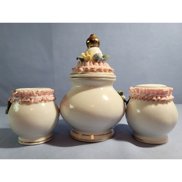 Mini Sugar Shaker Toothpick Holder Vintage Rose Garden Trinket Porcelain Set - Picture 10 of 11